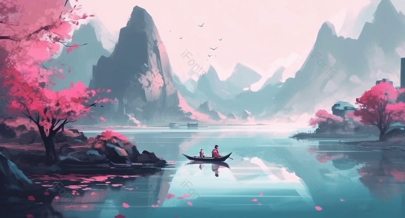 在湖面上划船水墨山水背景图,插画/手绘图,插画/手绘图库,插画/手绘图下载,插画/手绘